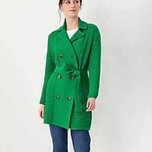 Ann Taylor green chunky knit cardigan sweater longline button front tie XXS